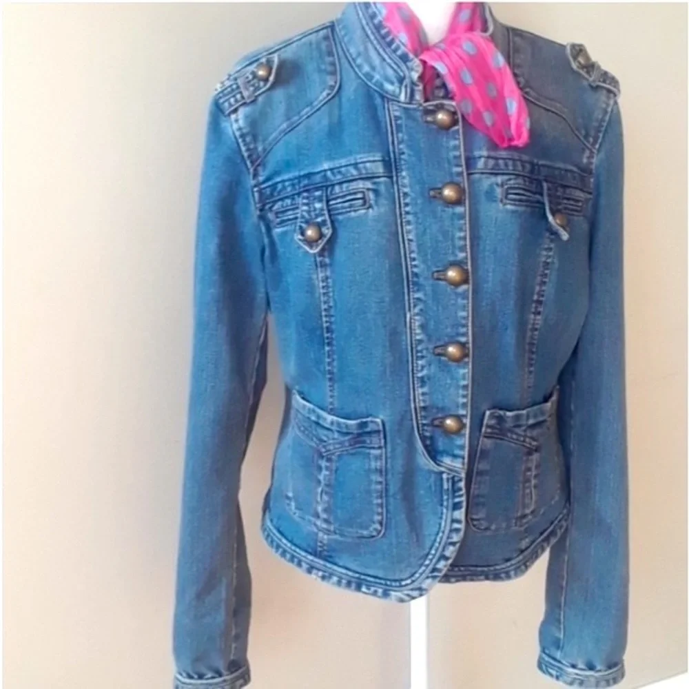 Vintage DKNY Denim Military Jacket with Bronze Buttons - Picture 9 of 10